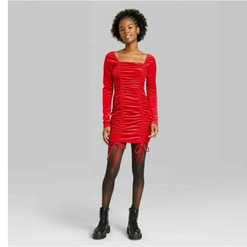 Wild Fable Women's Long Sleeve Ruched Red Velvet Bodycon Dress Size XS NEW